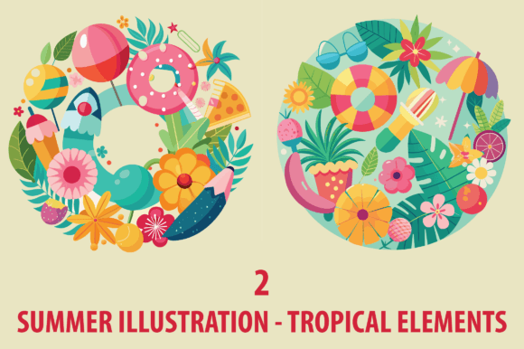 Circular Frame Tropical Summer Elements for Digital Illustration and Clipart
