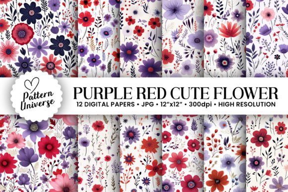 Purple Red Cute Flowers Digital Papers